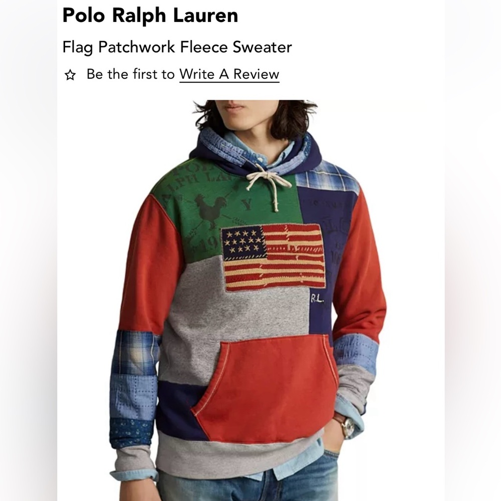 New and With Tags Ralph Lauren Men's Flag Patchwork Fleece Hoodie